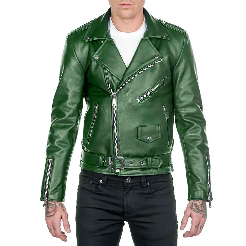 Green Asymmetrical Zipper Leather Biker Jacket - Image 1