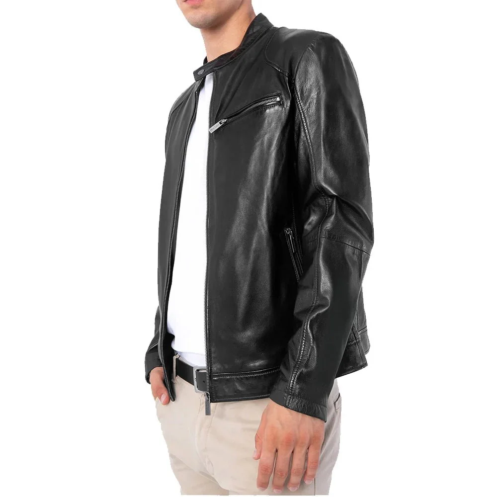 Black Cafe Racer Lambskin Leather Jacket - Image 1
