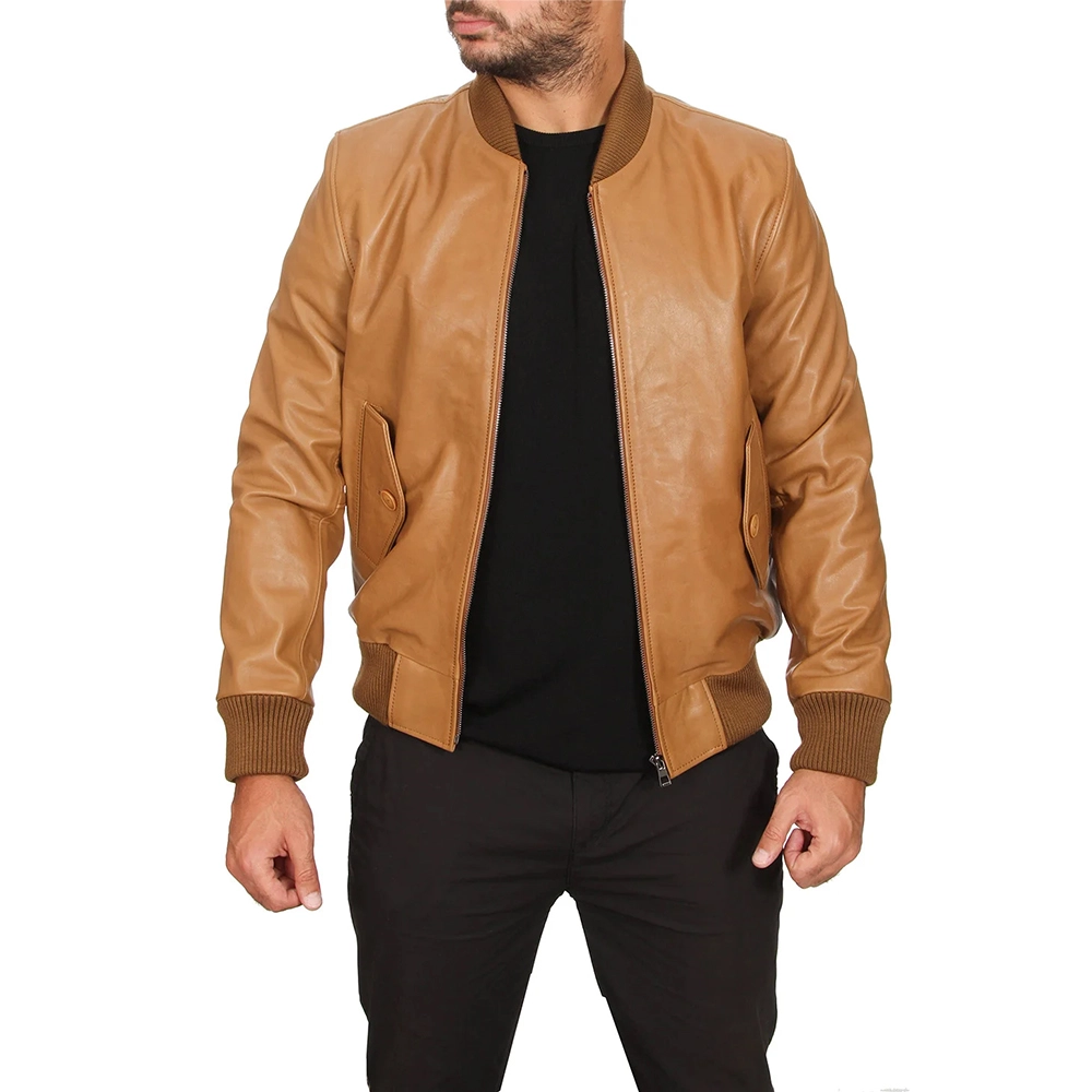 Tan Leather Jacket for Men Rib Knitted - Image 1