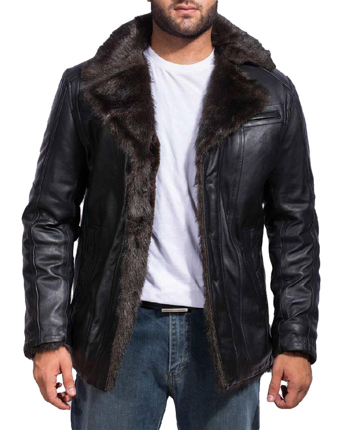 Men's Black Fur Collar Bomber Leather Jacket - Image 1