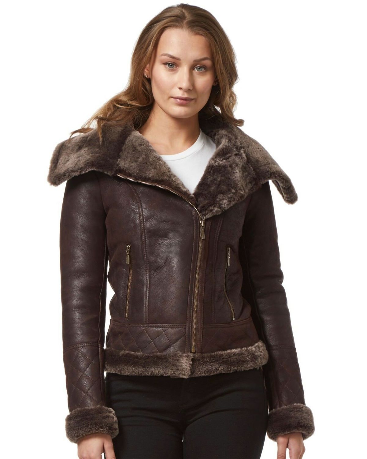 Women's Fur Shearling Stylish Brown Biker Jacket - Image 1