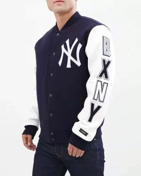 NY Yankees Varsity Navy Blue and White Jacket - Image 1
