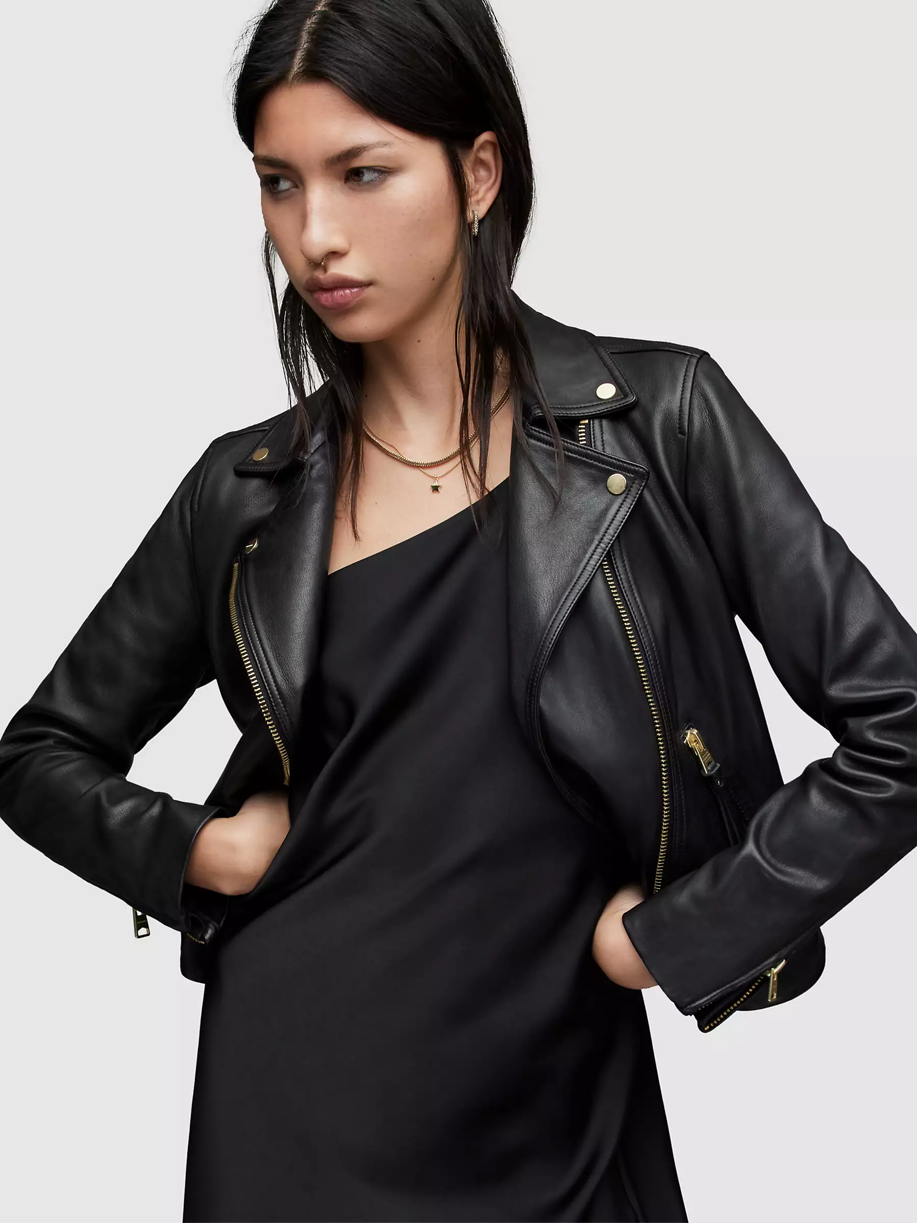 All Saints Dalby Gold Leather Biker Jacket, - Image 1