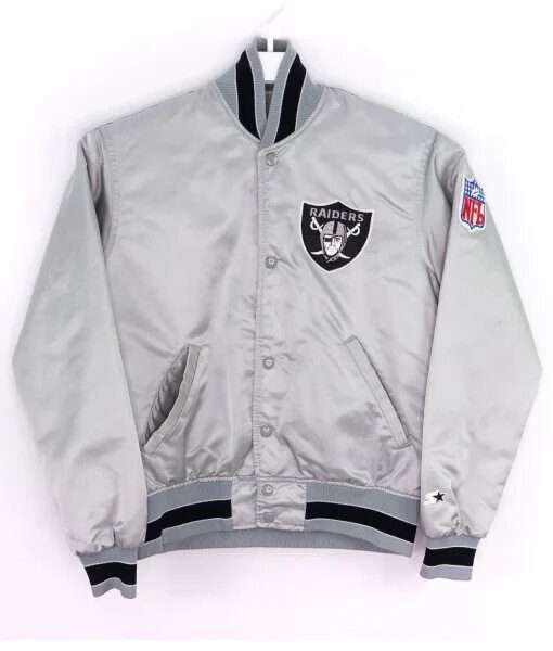 Los Angeles Raiders Vintage 80s Starter Silver Satin Bomber Jacket - Image 1