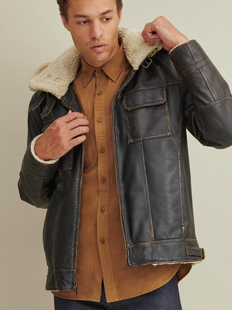 MEN'S CLASSIC B3 SHEARLING BROWN LEATHER JACKET WITH HOODIE - Image 1