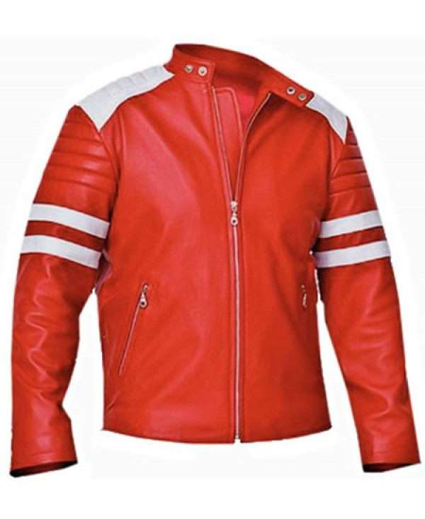 Mens White Stripes Biker Red Synthetic Leather Jacket - Image 1