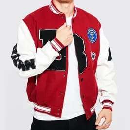 B Patch Varsity Bomber with Leather Look Sleeves - Image 1