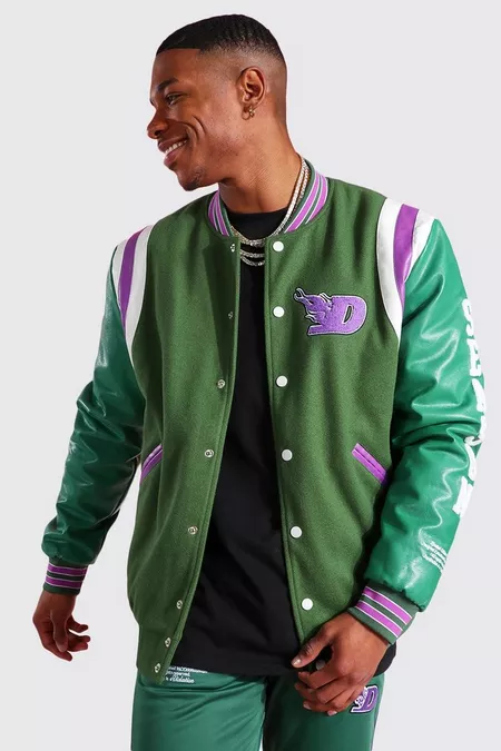 B Patch Varsity Bomber with Leather Look Sleeves - Image 1