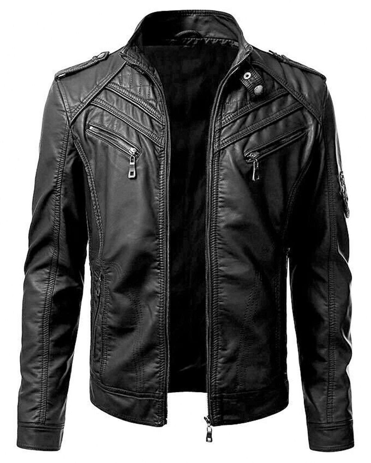 Men's Black Slim Fit Biker Real Leather Jacket by SCIN - Image 1