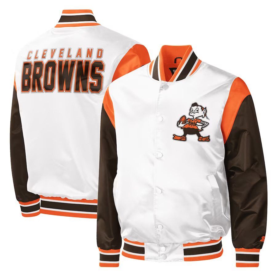 Cleveland Browns Starter White Throwback Warm Up Pitch Satin Full-Snap Varsity Jacket - Image 1