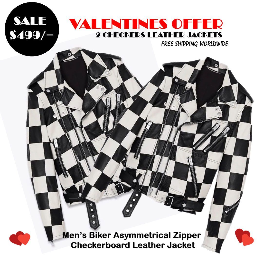 Biker Asymmetrical Zipper Checkerboard Leather Jacket - Image 1