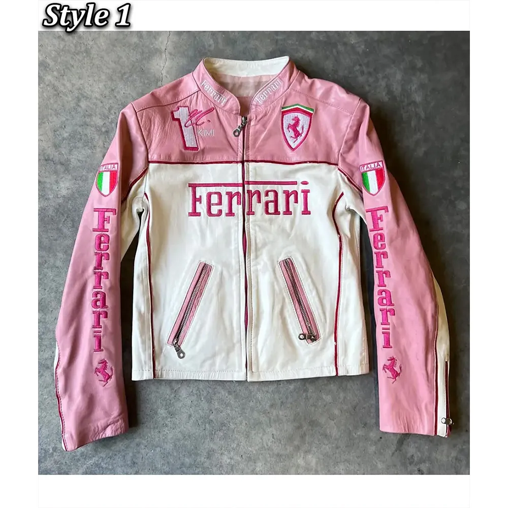 Ferrari Pink and White Racer Leather Jacket - Image 1