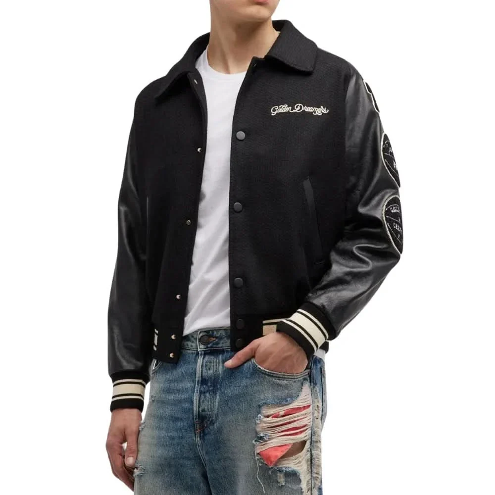 Men’s Black Wool College Bomber Jacket with Leather Sleeves - Image 1