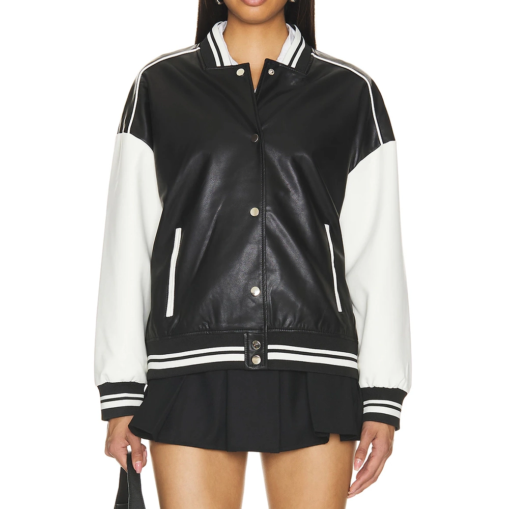 Black and White Varsity Bomber Leather Jacket - Image 1